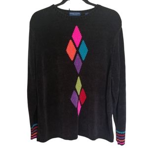 KAREN SCOTT Dark Brown Black Chenille Crew Neck Sweater Colourful Argyle 2X
